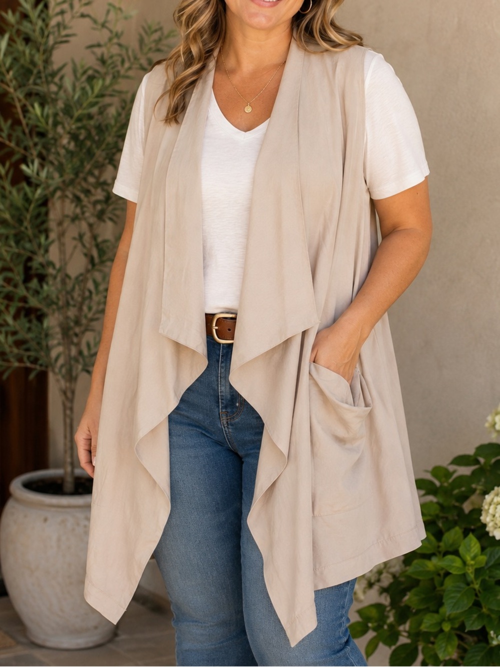 Sleeveless Waterfall Vest 100% Tencel Drape Front Tie Back XL Beige ROYCE